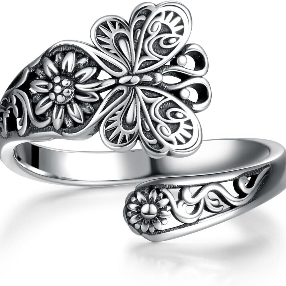 Sterling Silver Spoon Rings for Women: Vintage Butterfly Lotus Just Breathe Turq